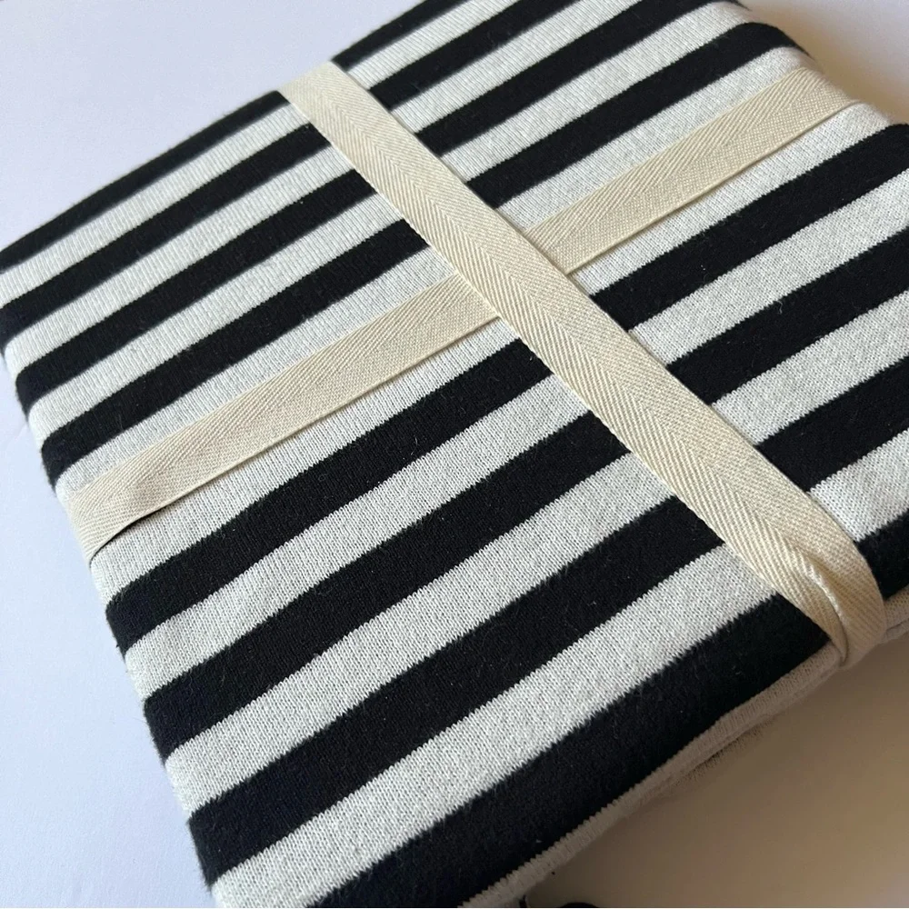 REBECCA MINKOFF STRIPE THROW BLANKET WITH TASSELS COTTON BLACK WHITE NWT